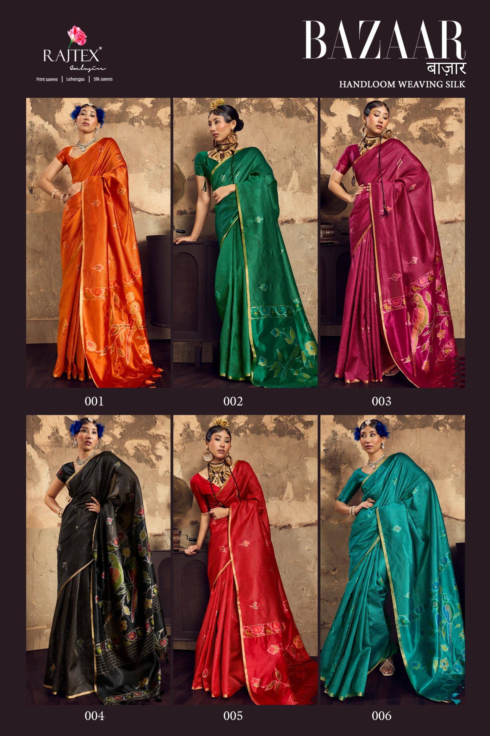 BAZAAR BY RAJ TEX 001 to 006 Series Indian Traditional Wear Collection Beautiful Stylish Fancy Colorful Party Wear & Occasional Wear Satin Crepe Sarees At Wholesale Price